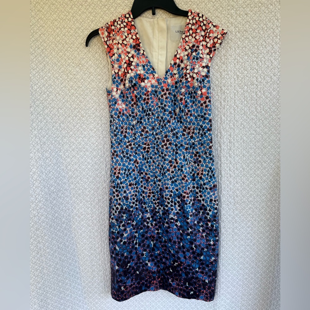LK Bennett Dr Vanessa True Blue Midi Sheath Dress Sz 4 Sleeveless Ombre Floral